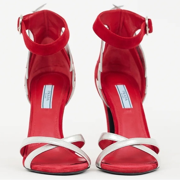 Prada Thunderbolt Red Silver Suede Leather Lightning Bolt Stiletto Heel Pumps - Picture 4 of 4